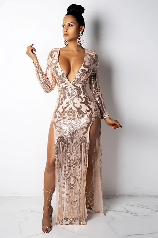 Gorgeous Long Sleeve Sequins Prom Dress V-Neck With Slit Online - lulusllly