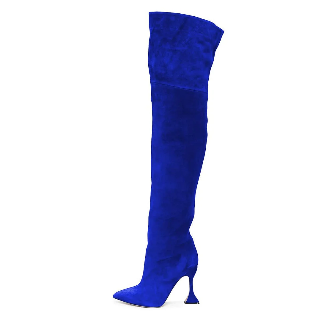 Royal Blue Vegan Suede Flared Heel Over The Knee Boots for Women