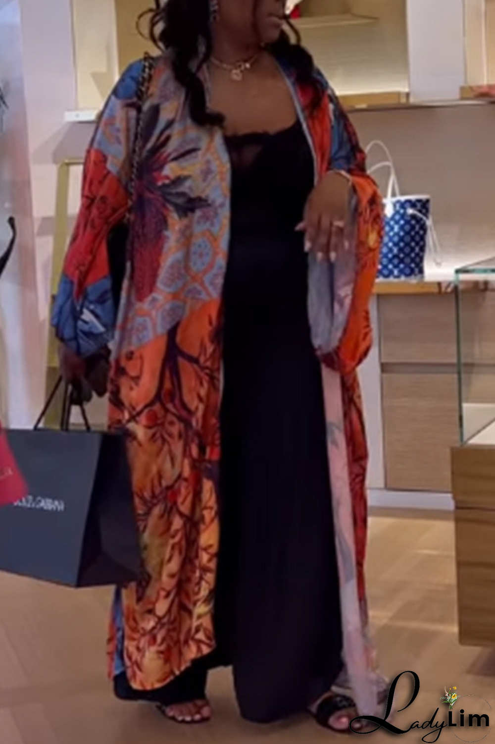 Black Fashion Print Patchwork Cardigan Collar Outerwear(Without belt)