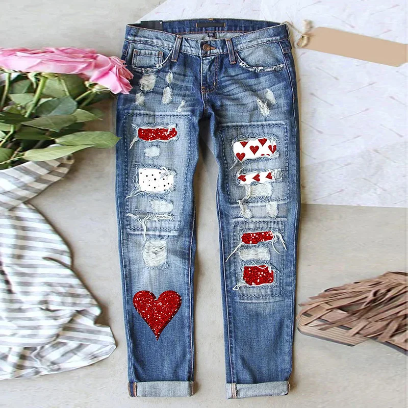 Women's Love Patch Ripped Mid Rised Waist Straight Denim Jeans
