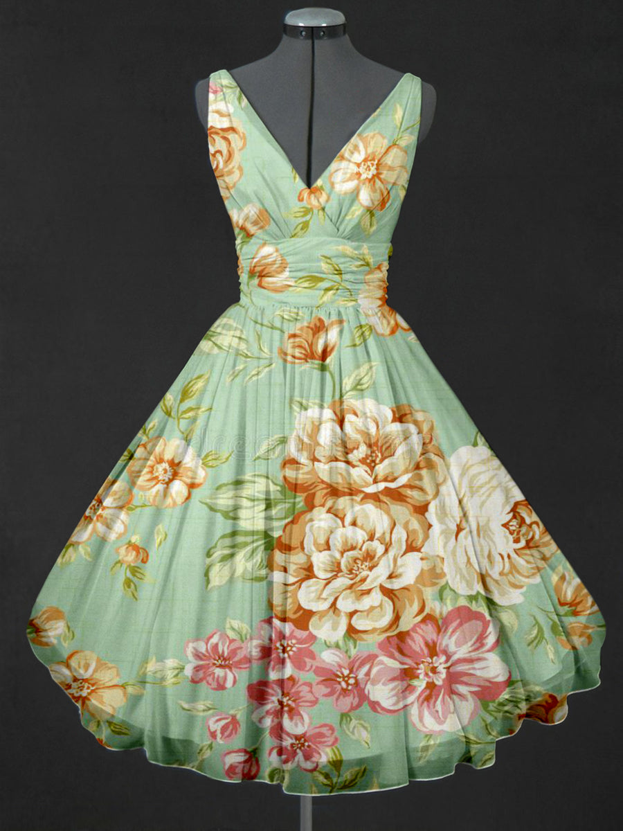 Retro Floral Print V-Neck 50's Sleeveless Midi Dress