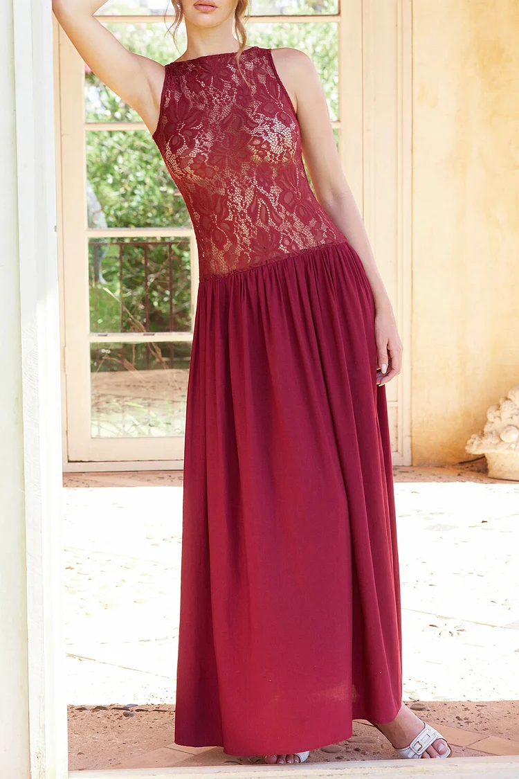 Jacquard Lace Patchwork Sleeveless Shirred Maxi Dresses-Burgundy [Pre Order]