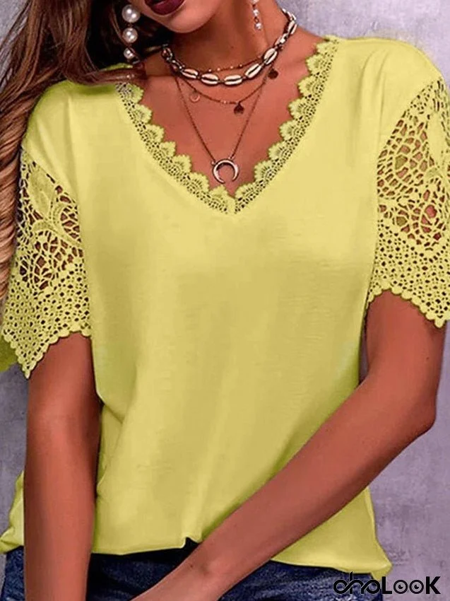 Women's T shirt Tee Yellow Pink Red Plain Cut Out Lace Trims Short Sleeve Casual Daily Basic V Neck Regular S