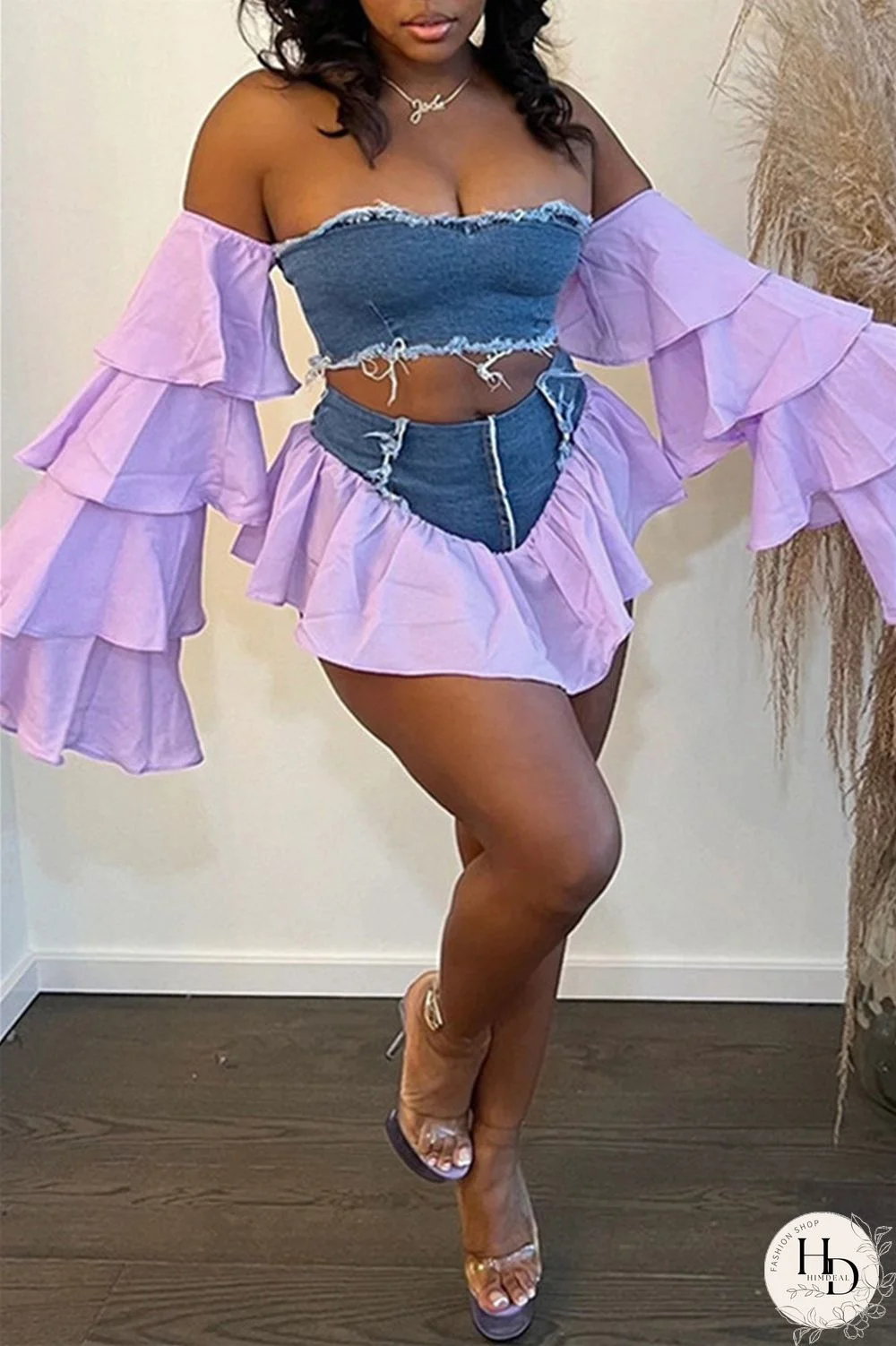 Yellow Fashion Sexy Patchwork Backless Off the Shoulder Long Sleeve Two Pieces