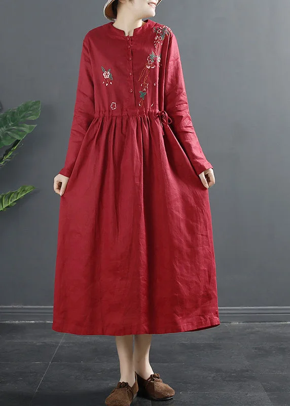 Classy Red Embroideried Linen Cinched Dresses Spring