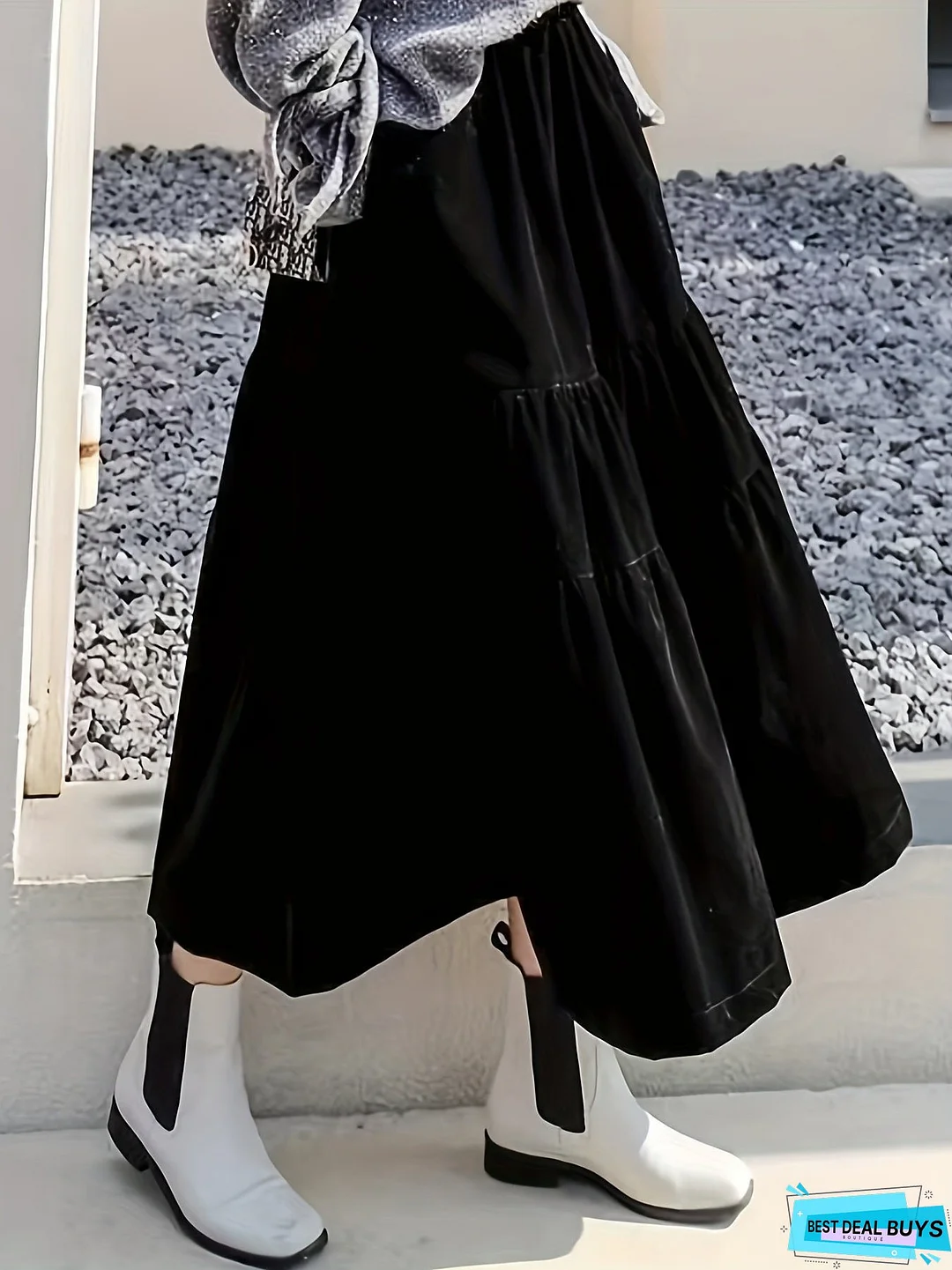 Solid High Waist Skirt, Boho Ruched Draped Skirt, Women's Clothing
