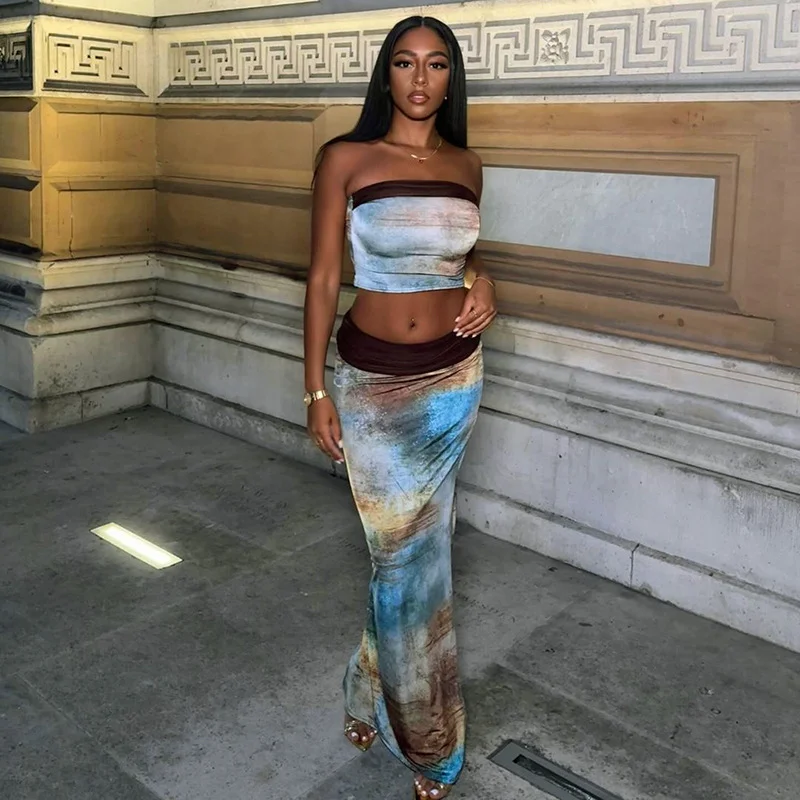 Uveng Uveng Women's Spring And Summer Breast Dye Printing Shoulder Tight High-Waisted Long Ass Skirt Set