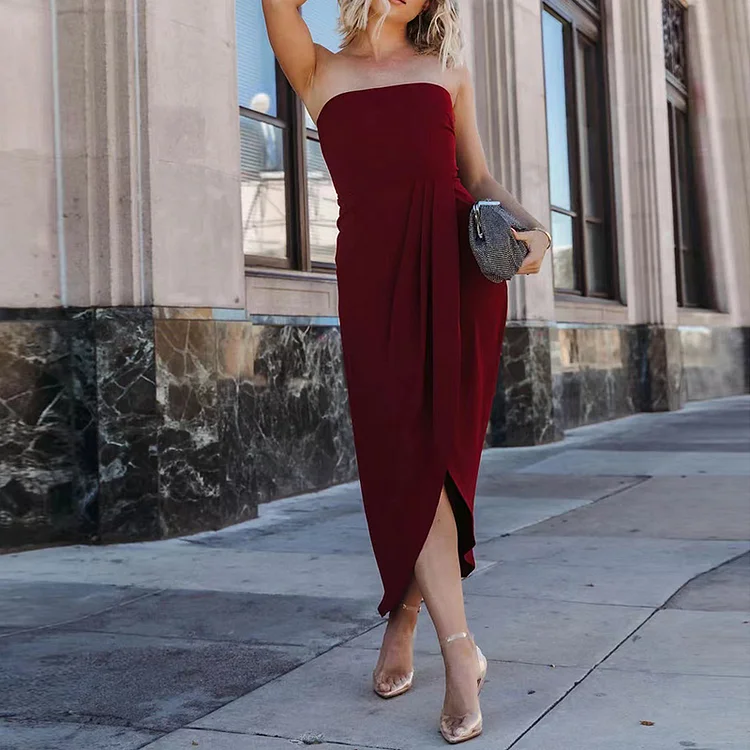 New Elegant Wrap Hip Neck Sexy Slit Color Solid Color Midi Dresses