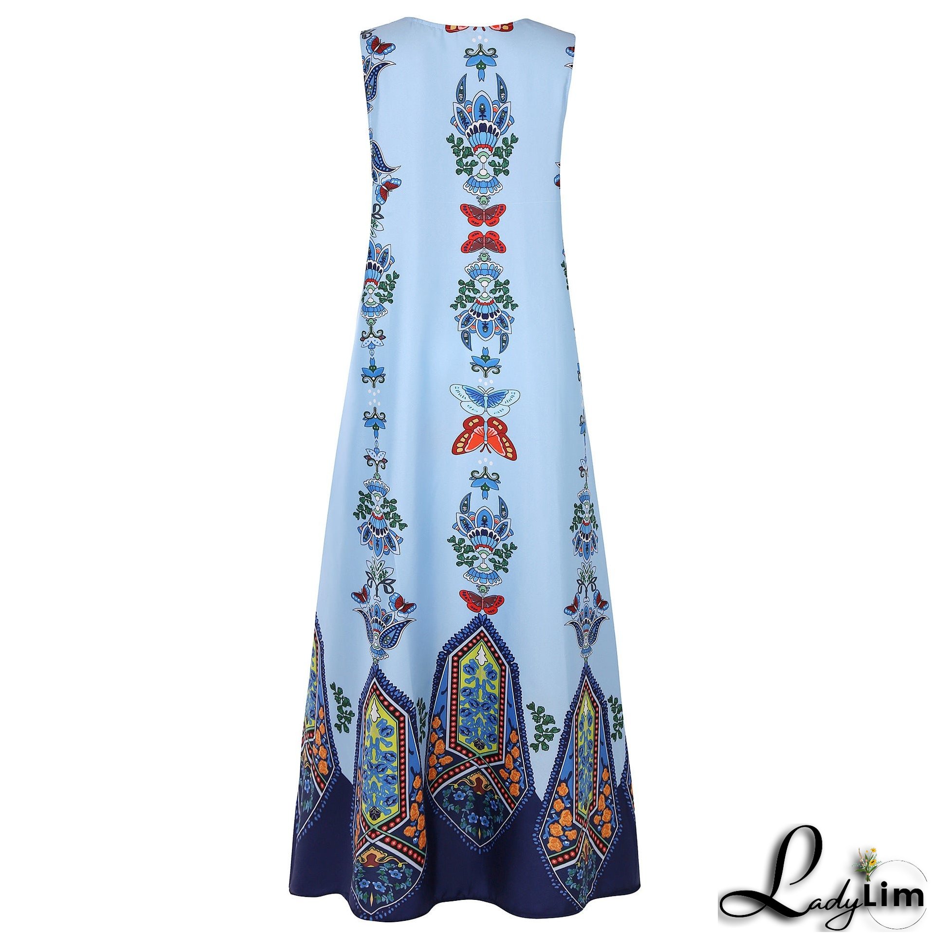 Vintage print dress V-neck sleeveless