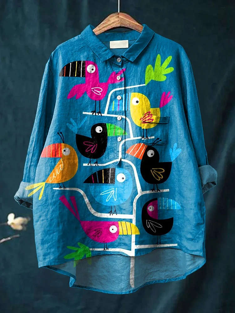 Bird Tree Art Printed Women's Casual Cotton And Linen Shirt