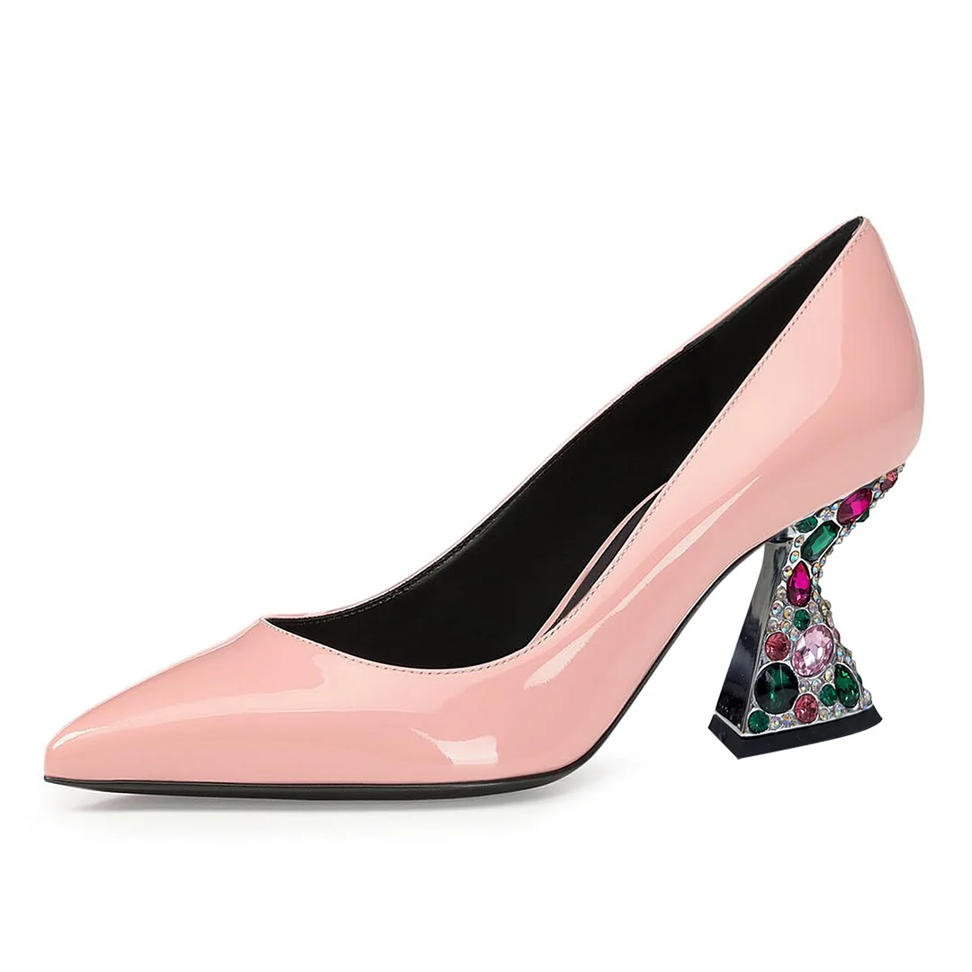 Light Pink Patent Leather Pointed Rhinestone Embellished Pumps