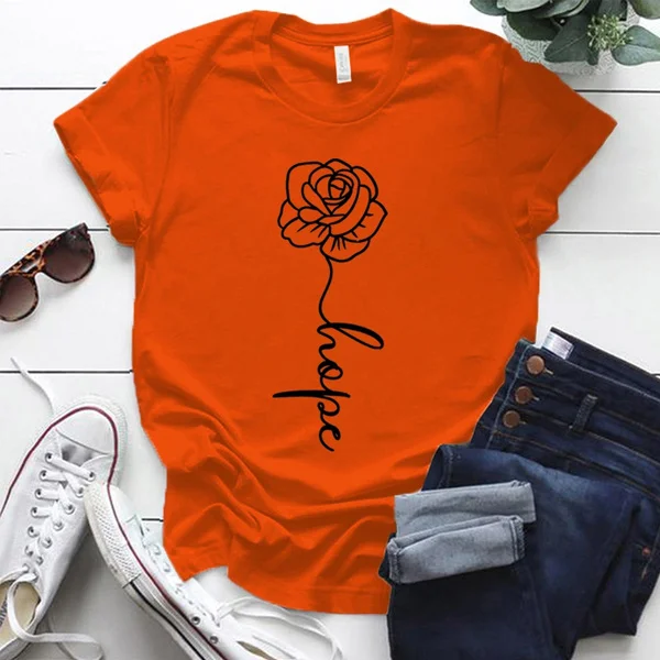 Hot Hope Flower Printed T-Shirts For Women Summer Short Sleeve Tee Shirts Round Neck Casual Summer Ladies Tops