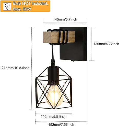 Lightess Black Wall Sconce with ON/Off Switch Pack of 2, Dimmable Cage ...