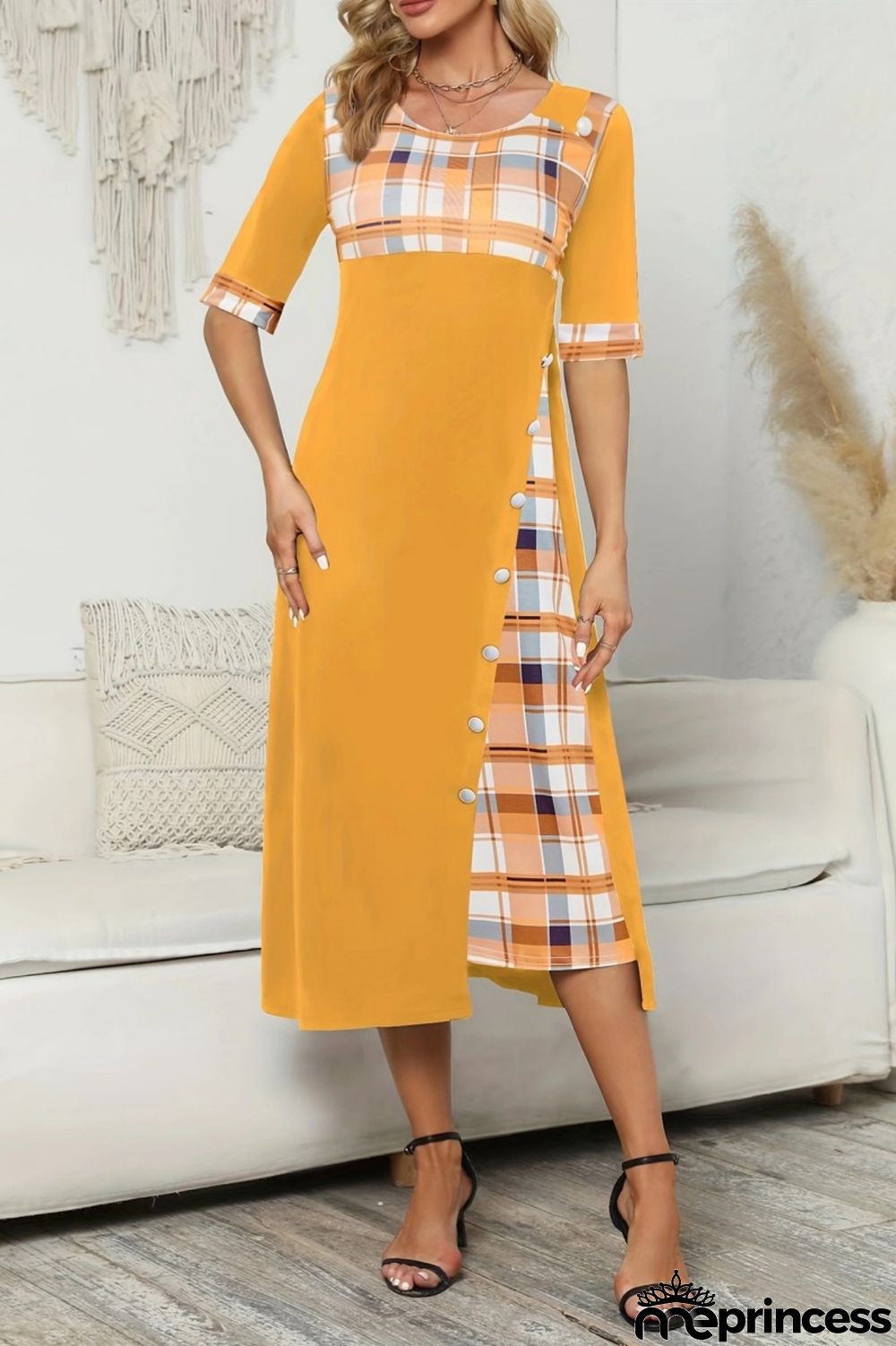 Casual Plaid Print Patchwork O Neck Short Sleeve Dress Dresses