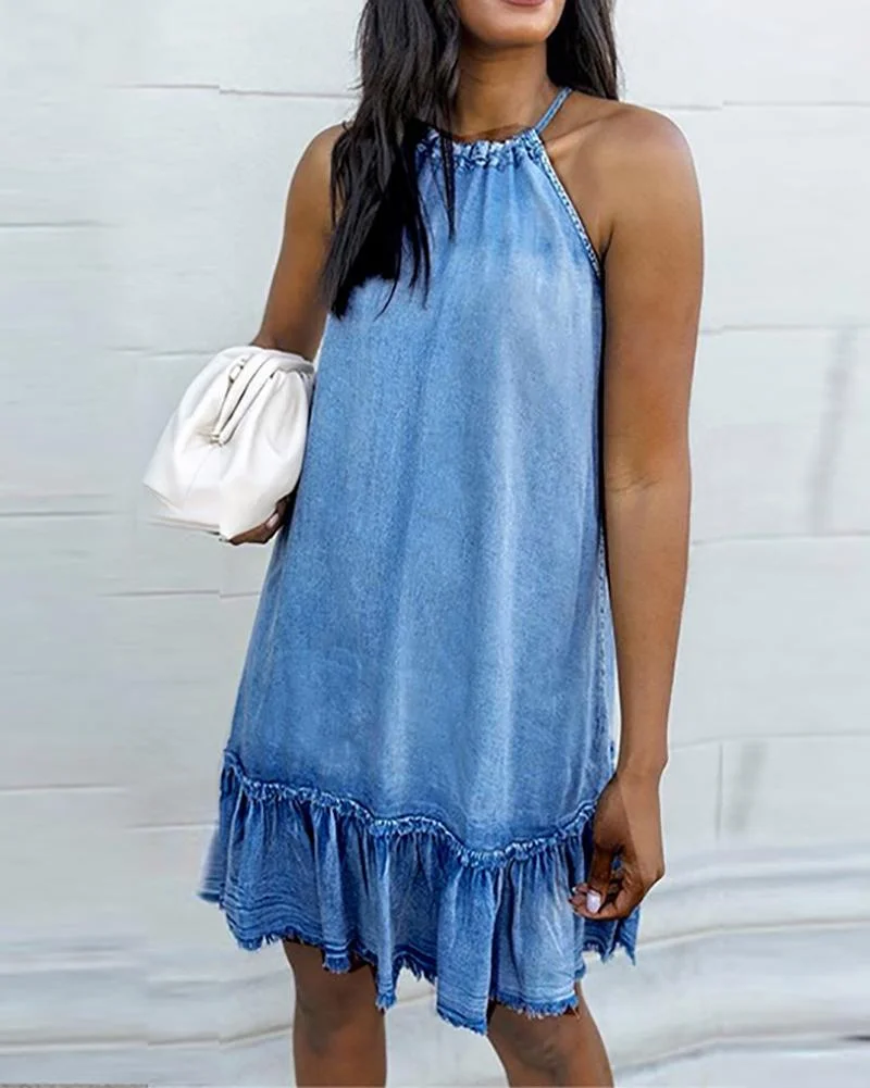 Backless halterneck denim dress