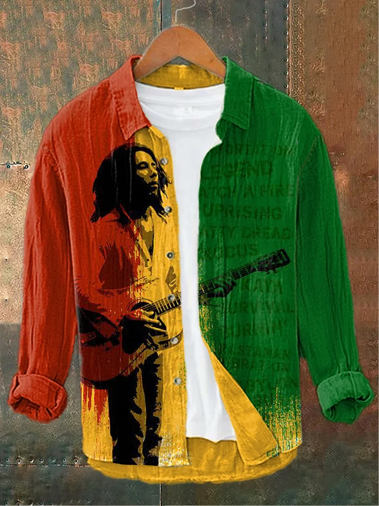 Reggae Print Casual Cozy Cotton Linen Shirt