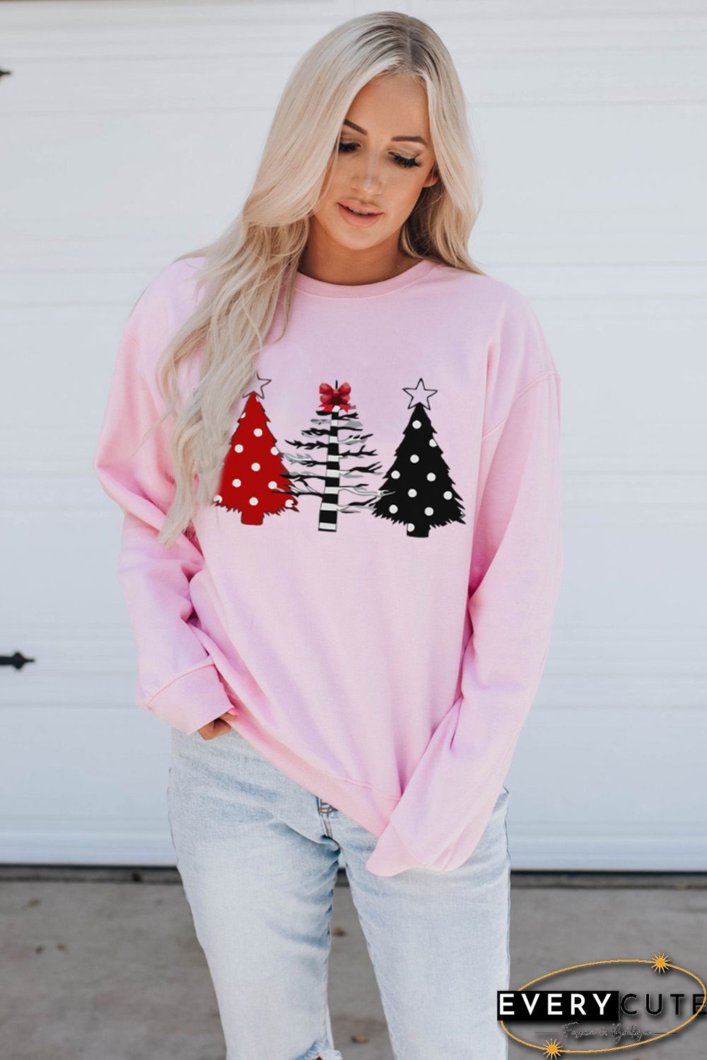 Pink Christmas Tree Graphic Print Pullover Sweatshirt