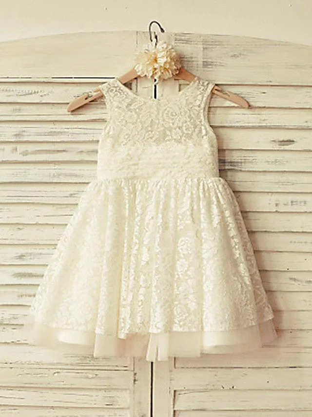 Daisda Ball Gown Sleeveless Jewel Neck Flower Girl Dresses Lace With Appliques  Solid