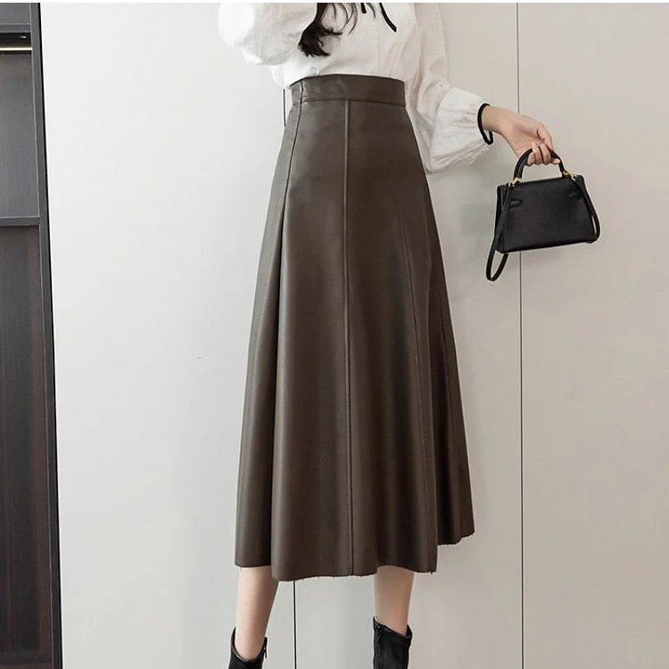 Temperament Solid Color High-waist Pu Leather A-line Skirt