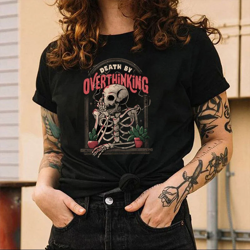 DEATH BY OVERTHINKUNG Skull Black Print T-shirt