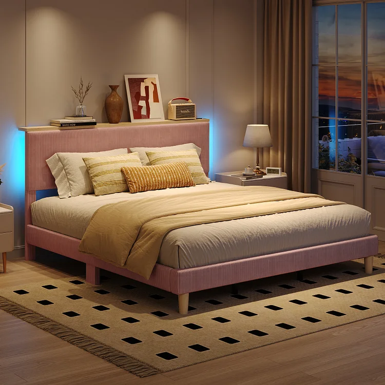 Bestier Bed Frame Upholstered Corduroy Platform Bed with LED light & Adjustable Storage Headboard for Bedroom
