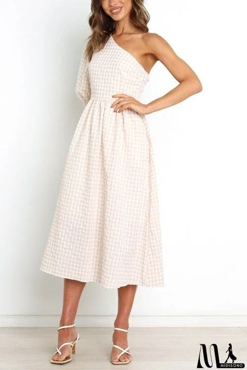 MidiSono - Plaid Puff One Shoulder Midi Dress