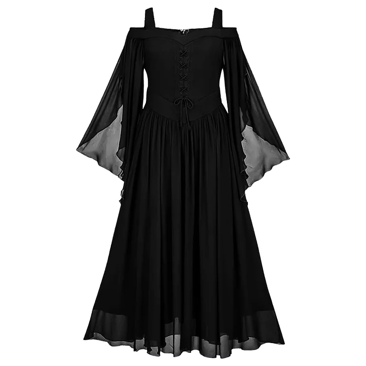 Gothic Dark Mesh Off-shoulder Drawstring  Swing Dress