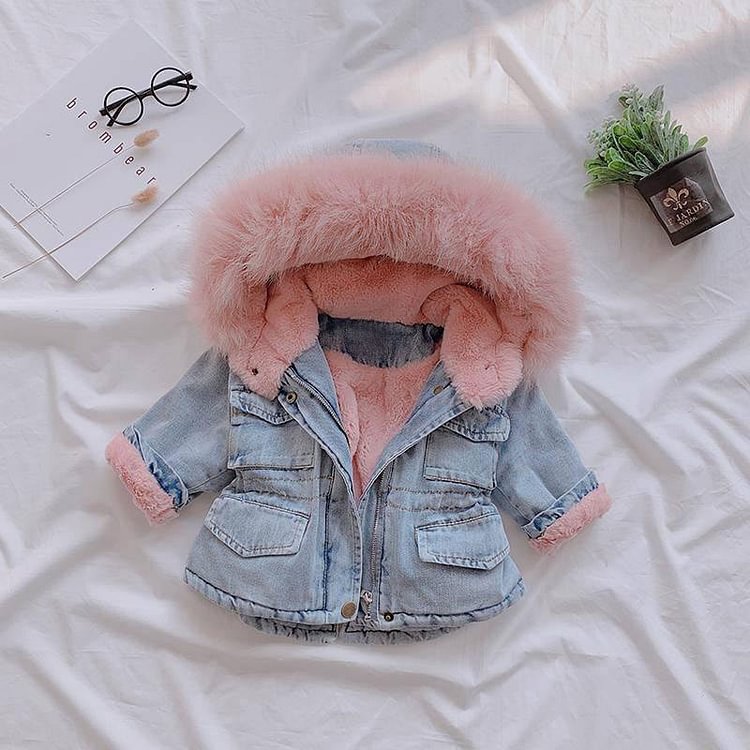 Toddler Girl Fur Collar Velvet Denim Coat