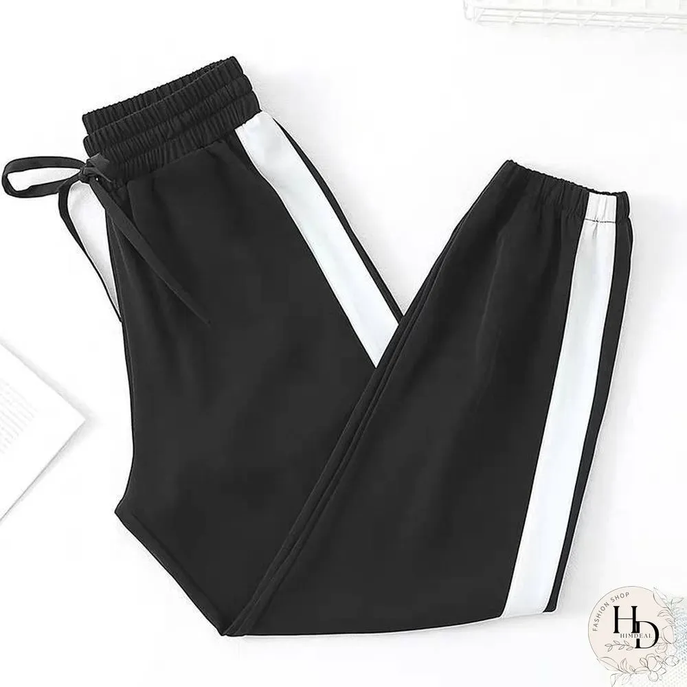 Womens Sport Pants-Spring Side Stripes-Casual Loose Chiffon-Elastic Waist Lantern