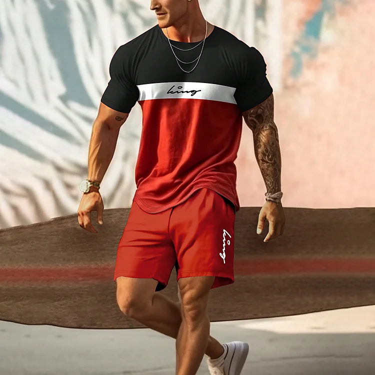 BrosWear Letter Graphic Colorblock T-Shirt And Shorts Co-Ord