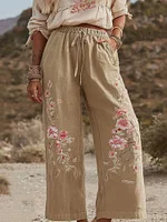 Women's Bohemian Rose Art Comfy Linen Pants