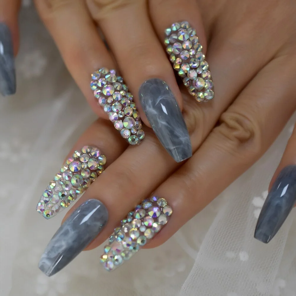 Gorgeous Rainbown Nails Coffin Shape 3D Crystal Decorative Faux Ongles Ombre Pink Blue Yellow Fashion Fake Nails Tip-Nail Inspo