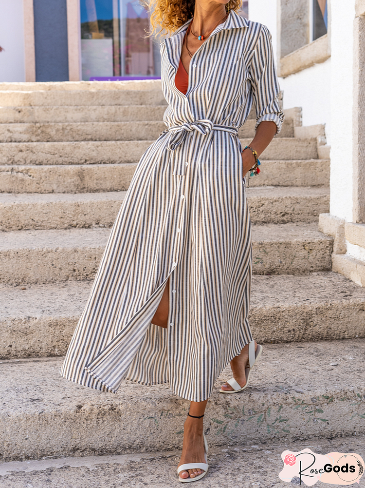 Casual Regular Fit Shawl Collar Striped Dresses