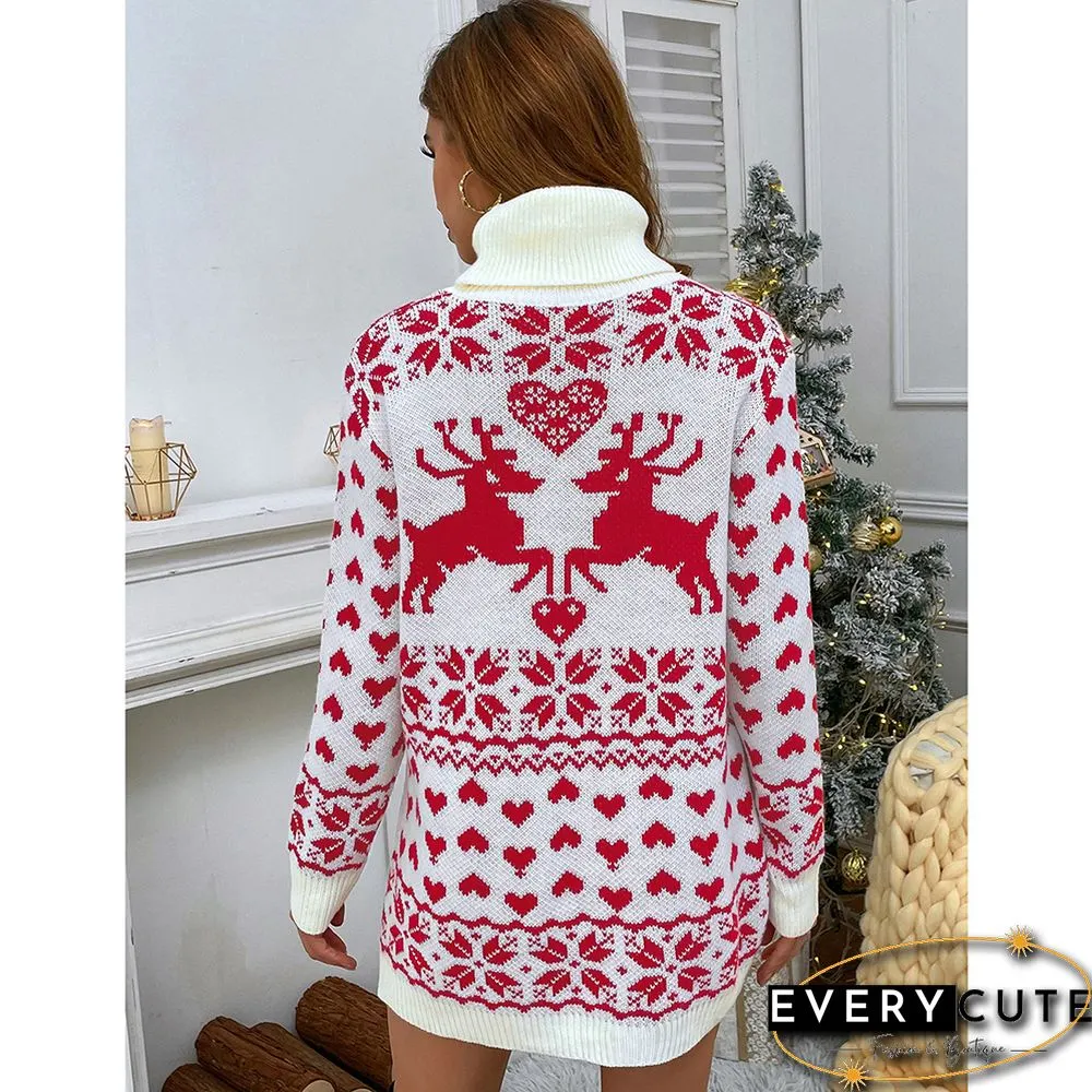Red High Collar Elk Heart Sweater Dress