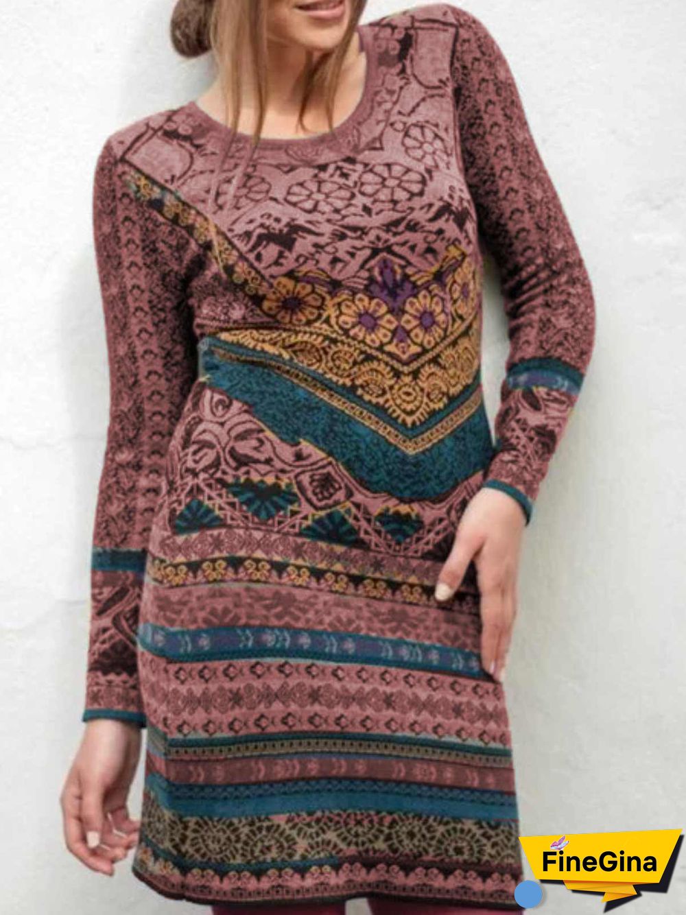 Gray Long Sleeve Cotton Casual Knitting Dress