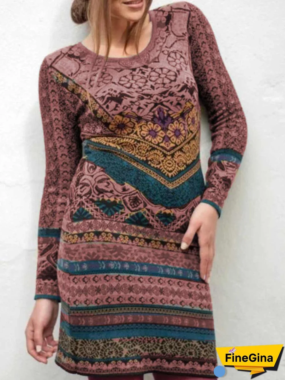 Gray Long Sleeve Cotton Casual Knitting Dress