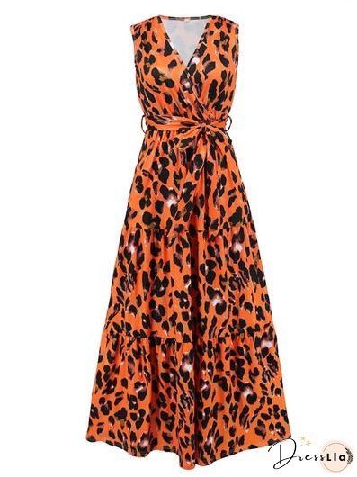 Tied Printed Surplice Tiered Tank Dress