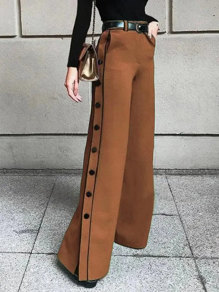 Tlbang Women Stylish Selection Button High Waisted Zipper Wide Leg Pants 2023 Spring Autumn Causal Urban Coffee Color Trousers