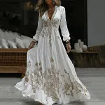 Women's Vintage Floral Embroidery Art Casual Long Sleeve Maxi Dress - Image 2