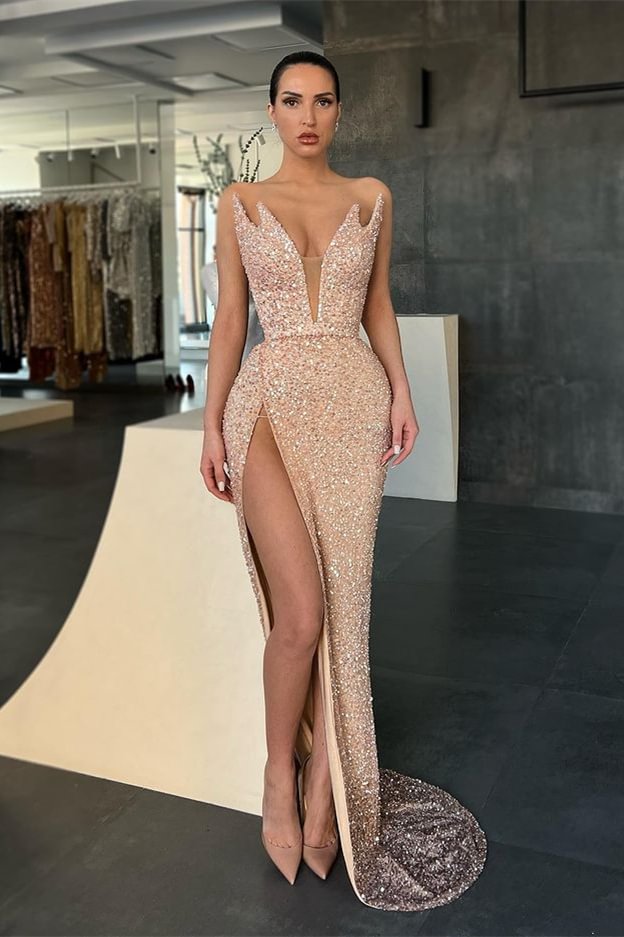V-Neck Sleeveless Sequins Evening Dress Mermaid With Split PD0769
