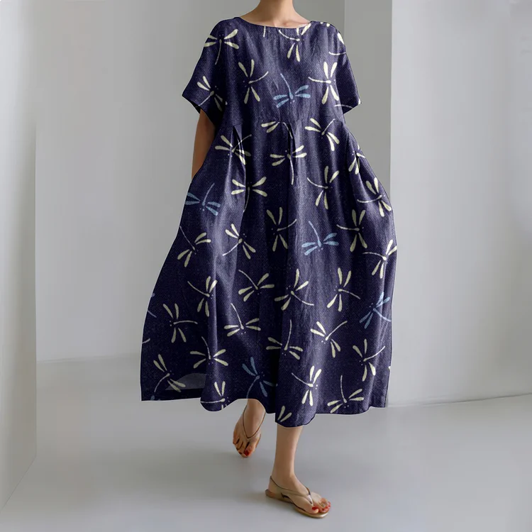 Comstylish Women's Dragonfly Art Cozy Linen Maxi Dress