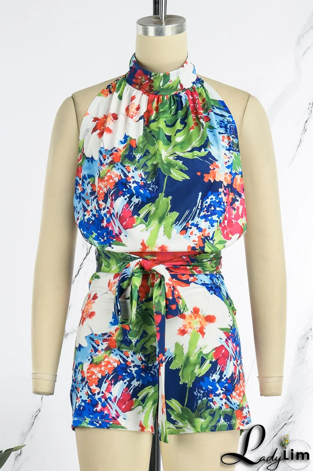 Green Sexy Vacation Floral Frenulum Backless Half A Turtleneck Regular Jumpsuits(With Belt)