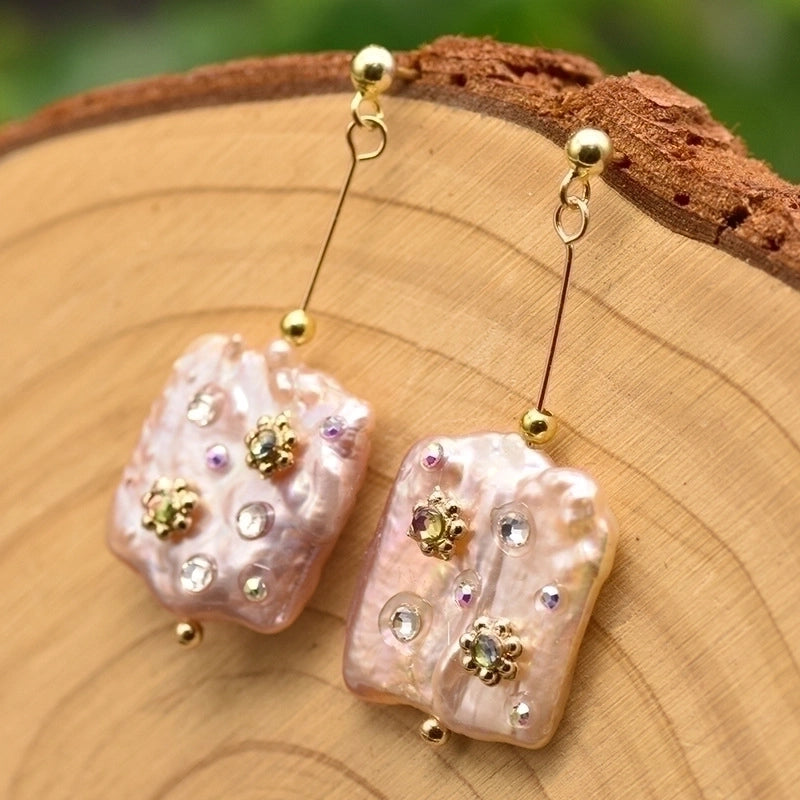 1 Pair 925 Sterling Silver Natural Stone Pearl Leaf Square Oval Earrings