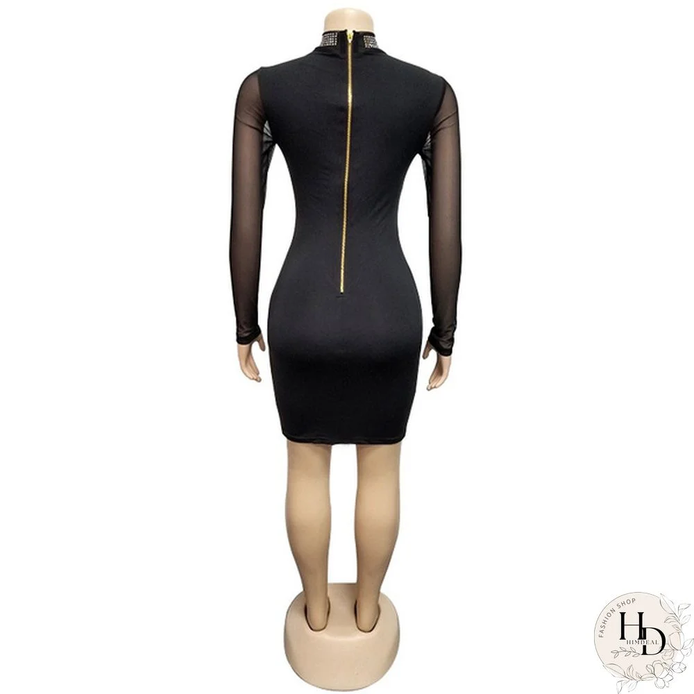 Women Sexy Night Club Dresses Bodycon Party Dress Bling Bling Rhinestone Zipper Sheer Long Sleeve Mini Dress White Black Blue Pink