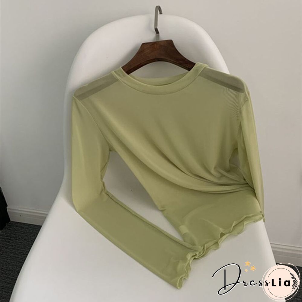 Oumea Women Beach Cover-Up Sheer Mesh Top Beach Wear Hawaiian Mesh Shirt Long Sleeve Casual Candy Color Solid Sweet Mesh Top