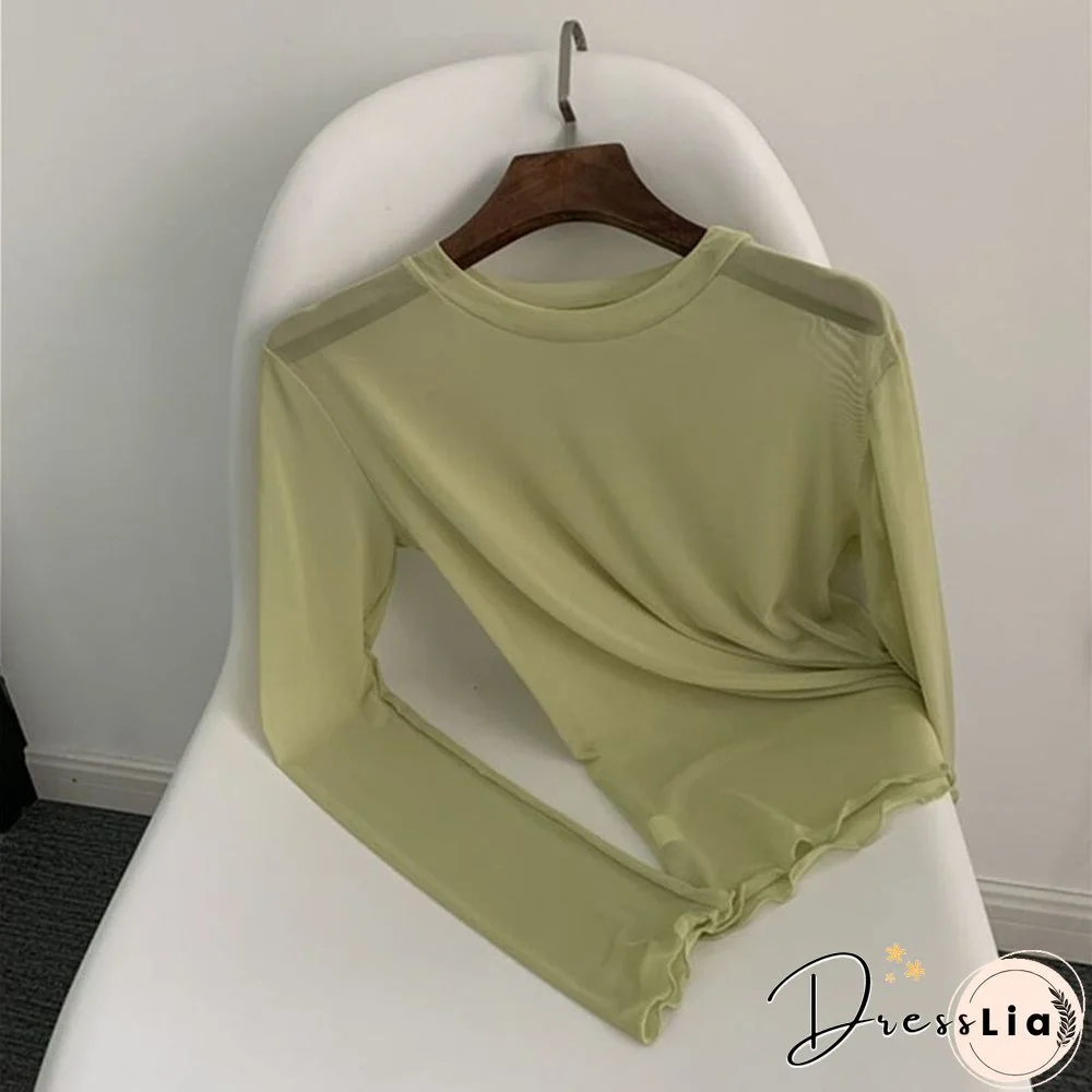 Oumea Women Beach Cover-Up Sheer Mesh Top Beach Wear Hawaiian Mesh Shirt Long Sleeve Casual Candy Color Solid Sweet Mesh Top