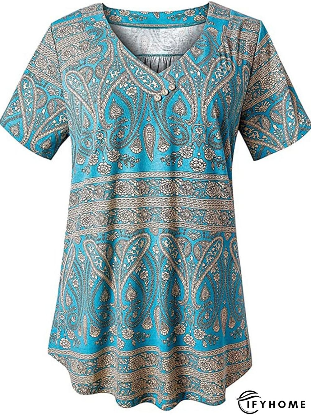 Women's Shirt Blouse Denim Blue Black White Leopard Floral Print Short Sleeve Casual Holiday Basic V Neck Regular Floral Plus Size M | IFYHOME