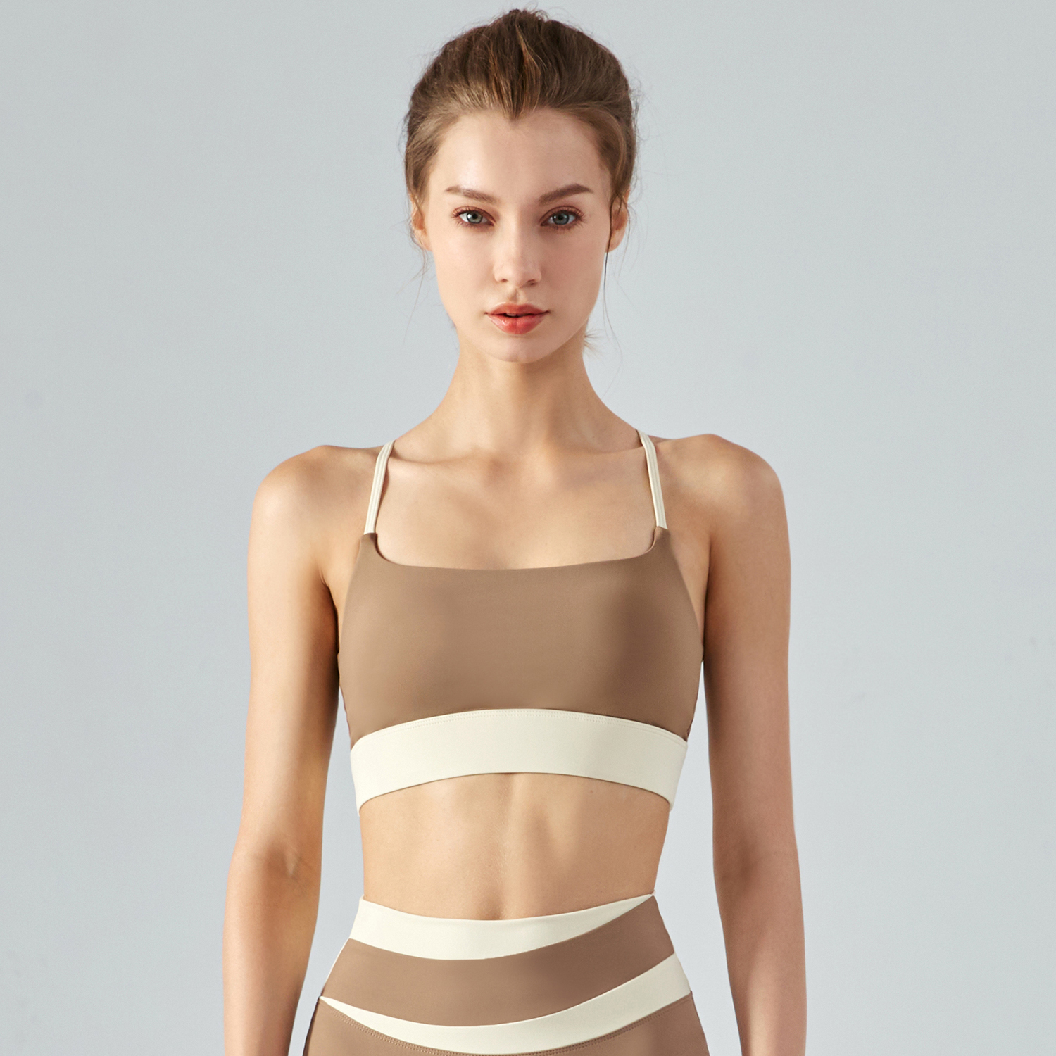 Buy different Cocoa colors and types of u neck naked feeling buttery soft sweat wicking open back criss cross straps gym sports bra with removbale pads on Hergymclothing