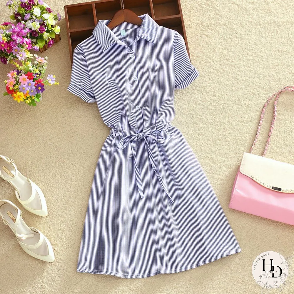 Elegant Office Summer Dress Shirt Blue Striped Cotton Turn Down Collar Wear Work Shirts