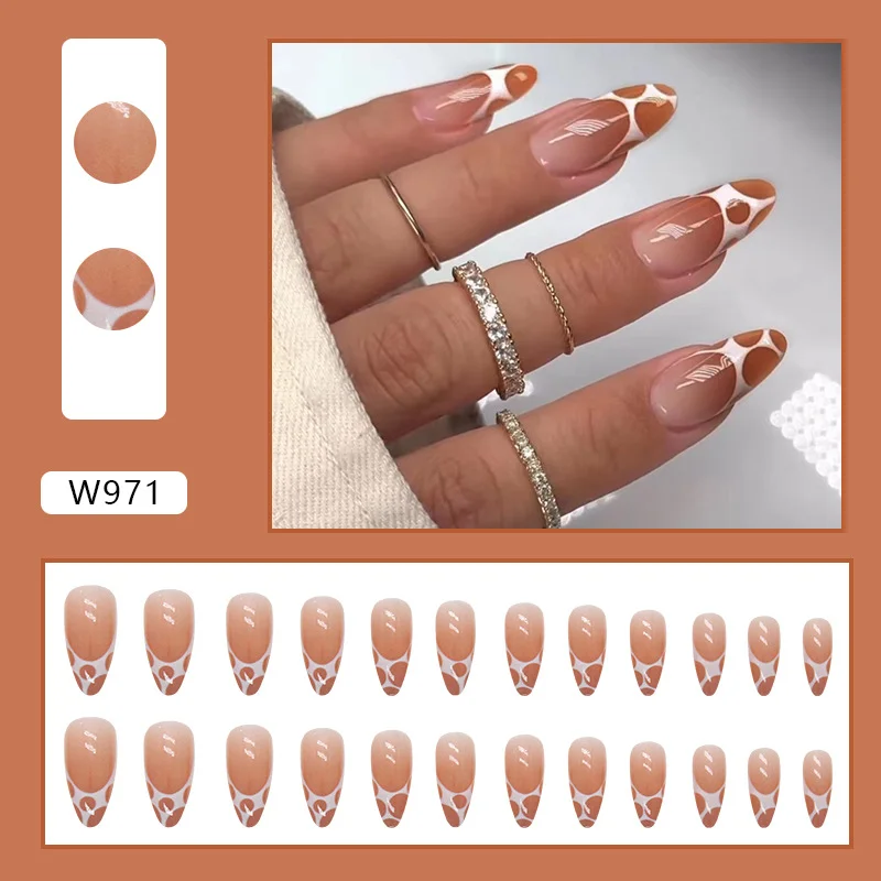 Churchf Churchf Nude Coffee Color Round Head Almond Nail White Bubble Mesh Nail Irregular Fake Nail Wear Nail 24 Pieces